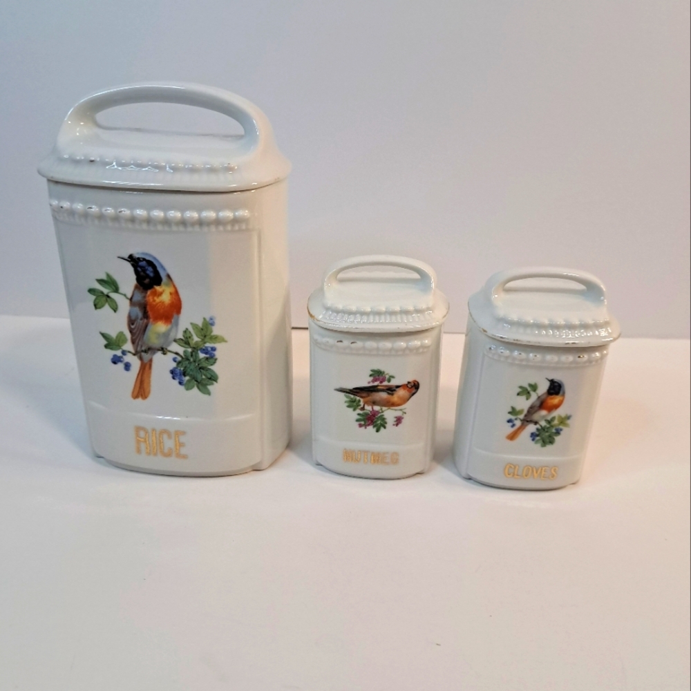 Vintage Antique Canister Set of 3 Made in Germany Bird Design Rice Nutmeg Cloves